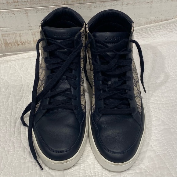 Gucci Mens Navy Blue GG Supreme High Top Sneakers - Picture 2 of 14
